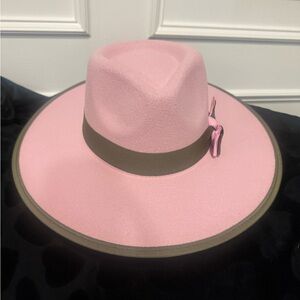 NEW Pink Wide-Brim Hat with Olive Green Band